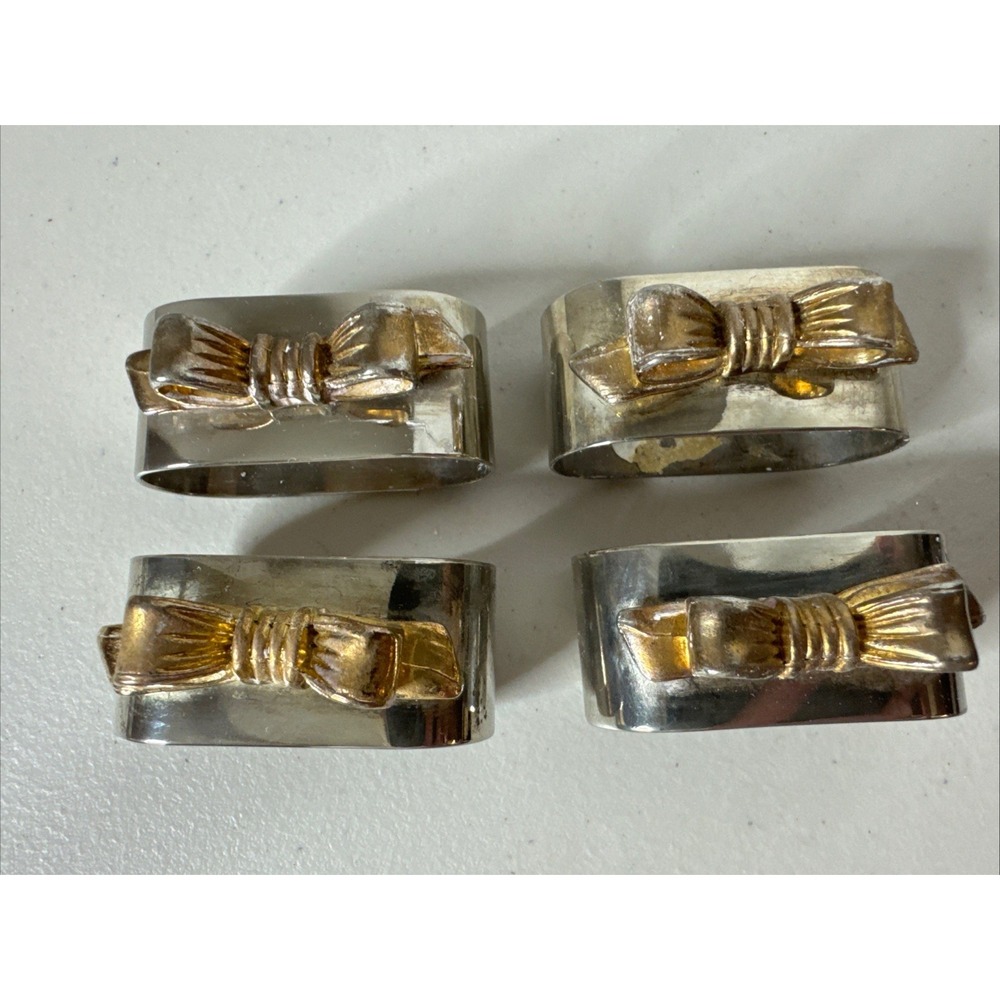 Vintage Audrey Hong Kong Silver Plated Gold Tone Bow Napkin Rings Set Of 4
